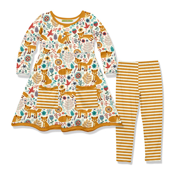 Cream Fox Garden Pocket A-Line Dress & Marigold Stripe Leggings