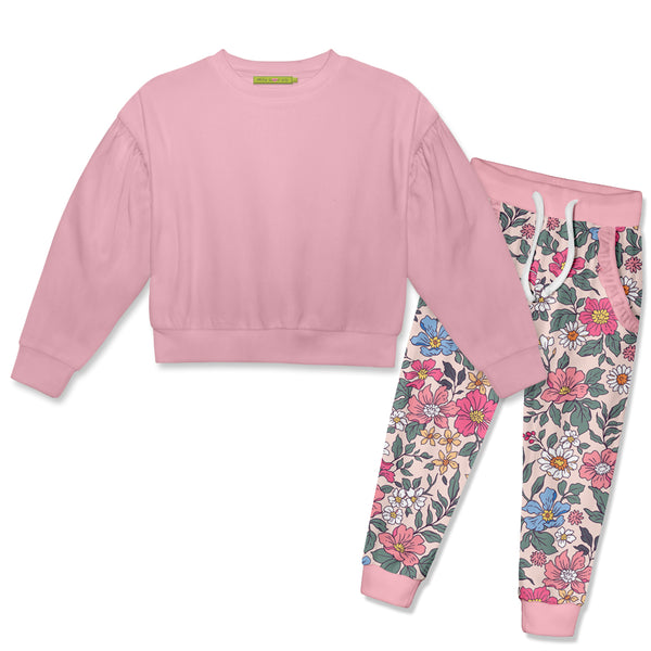 Dusty Pink Crewneck Sweatshirt & Velour Floral Joggers
