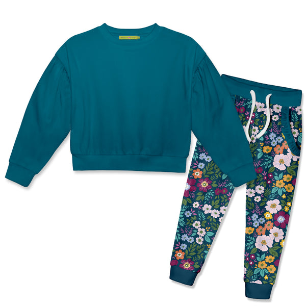 Teal Crewneck Sweatshirt & Velour Christi Floral Joggers