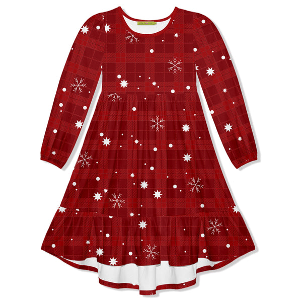 Red & Snow Plaid Long-Sleeve Velour Midi Dress