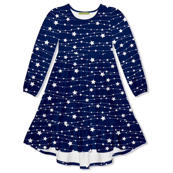 Navy Stars Long-Sleeve Hi-Low Dress