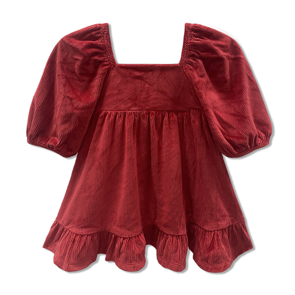 Red Velour Puff-Sleeve Babydoll Top