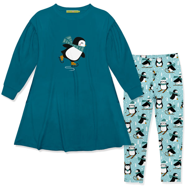 Teal Sweatshirt Dress & Penguin Skate Leggings