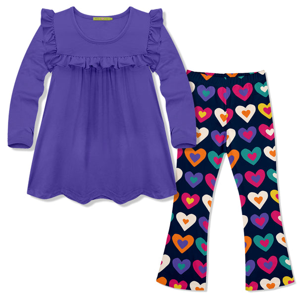 Blue Iris Ruffle Babydoll Top & Graphic Hearts Flare Leggings