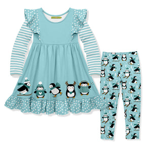 Aqua Penguin Skate Border Angel-Sleeve Dress & Leggings