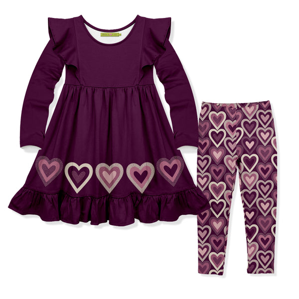 Plum Love Hearts Angel-Sleeve Dress & Leggings