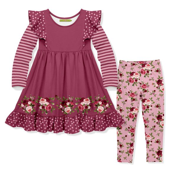 Dark Pink Rosey Rose Angel-Sleeve Dress & Pink Floral Leggings