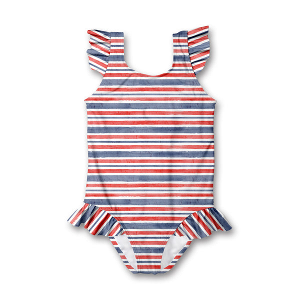 Red RWBStripe Ruffle-Accent One-Piece