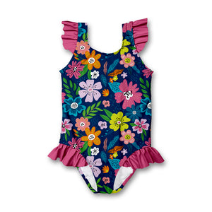 Navy Adele Floral Ruffle-Accent One-Piece