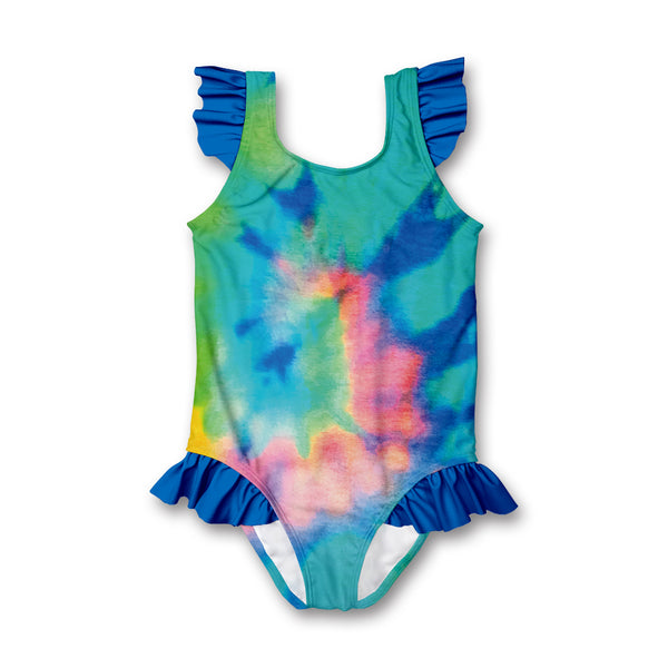 Turquoise Tie-Dye Ruffle-Accent One-Piece