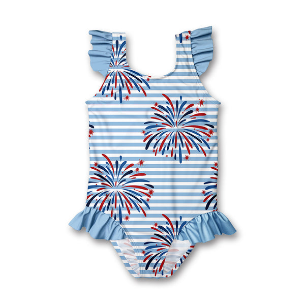 Light Blue Stripe Fireworks Ruffle-Accent One-Piece Swimsuit