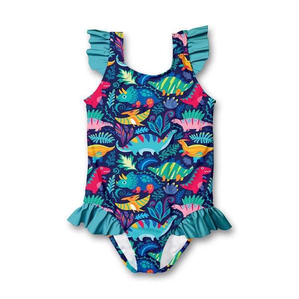 Navy Dino Dynamic Ruffle-Accent One-Piece Swimsuit