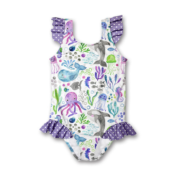 Purple & White Watercolor Sea Animals Ruffle-Accent One-Piece