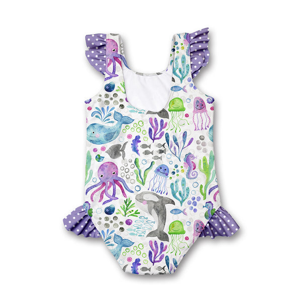 Purple & White Watercolor Sea Animals Ruffle-Accent One-Piece
