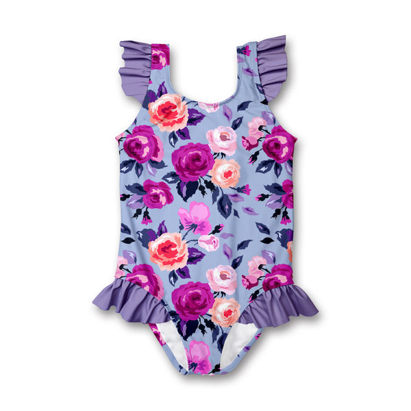Periwinkle & Fuchsia Rose Ruffle One-Piece