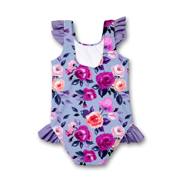 Periwinkle & Fuchsia Rose Ruffle One-Piece