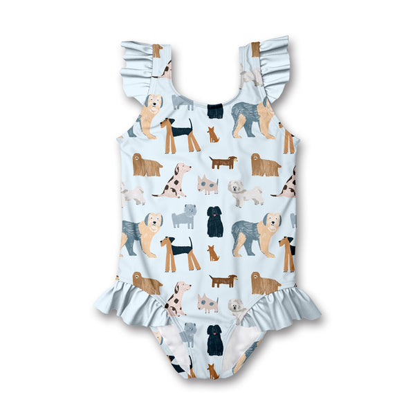 Pale Blue Dogs Ruffle-Accent One-Piece