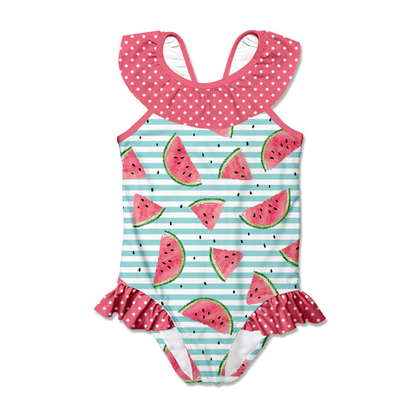 Mint & Pink Watermelon Stripe Bow-Accent Ruffle-Yoke One-Piece