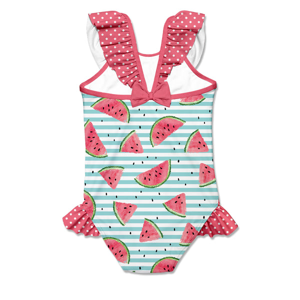 Mint & Pink Watermelon Stripe Bow-Accent Ruffle-Yoke One-Piece