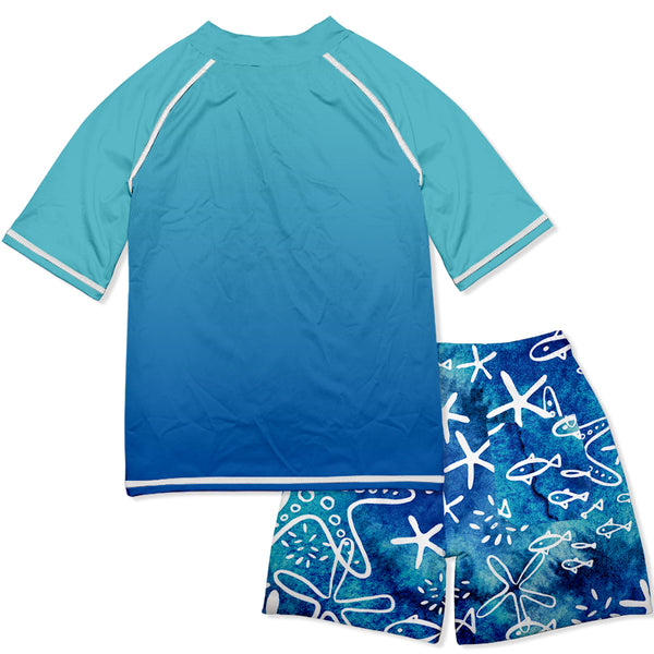 Millie & Maxx | Ocean Blue Ombré Fish Short-Sleeve Rashguard Set