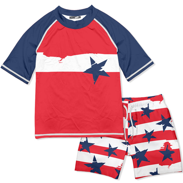 Red & Navy Stripe Stars Short-Sleeve Rashguard Set