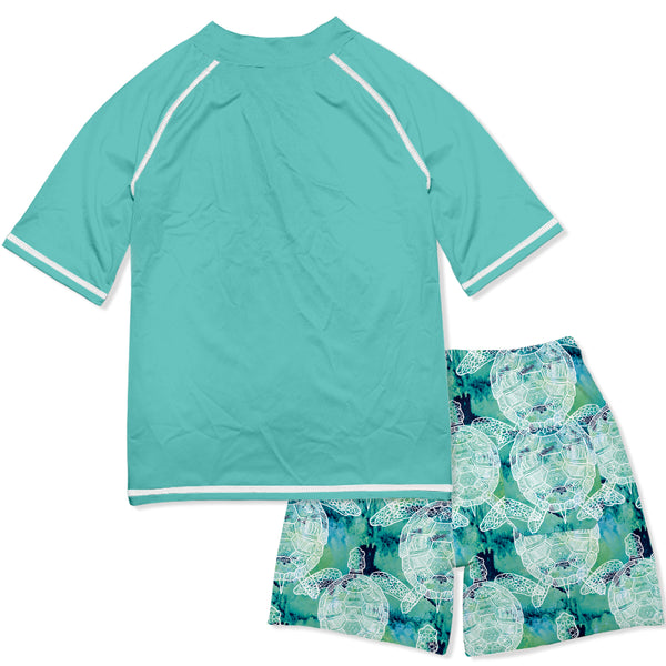Turquoise Tie-Dye Turtle Short-Sleeve Rashguard Set