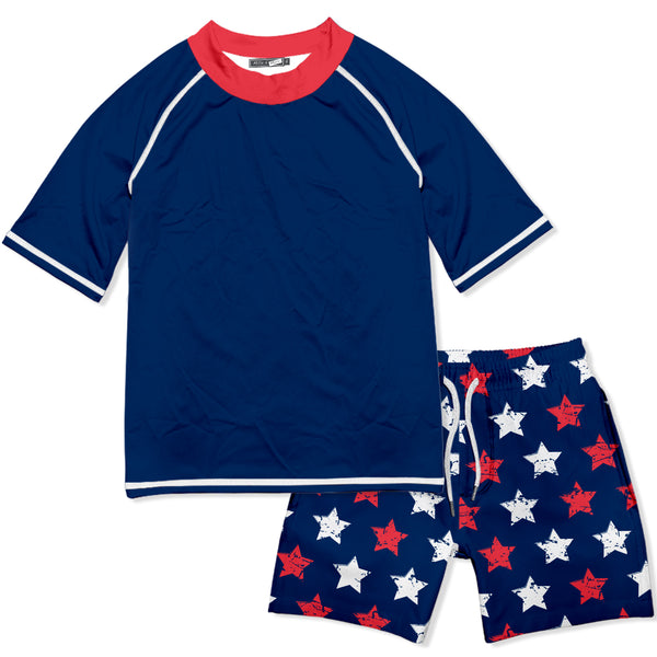 Navy & Red USA Star Short-Sleeve Rashguard Set