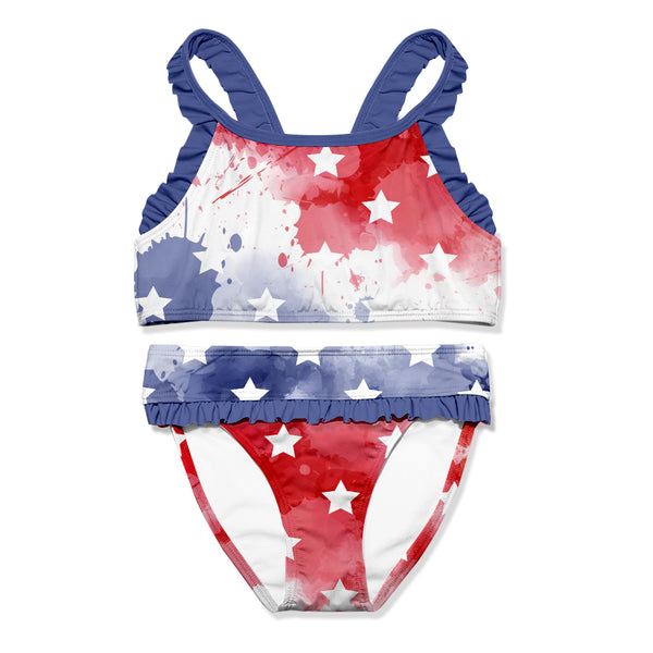 Dusty Blue & Red Painted Stars Ruffle-Trim Bikini