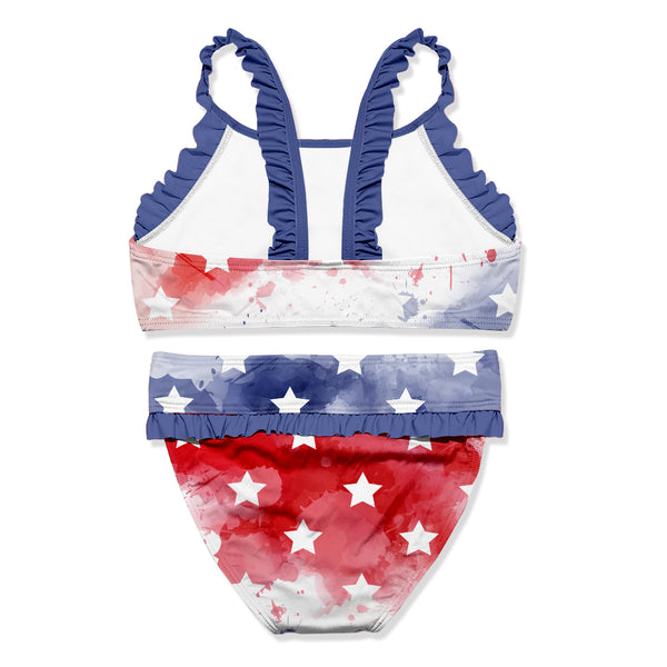 Dusty Blue & Red Painted Stars Ruffle-Trim Bikini
