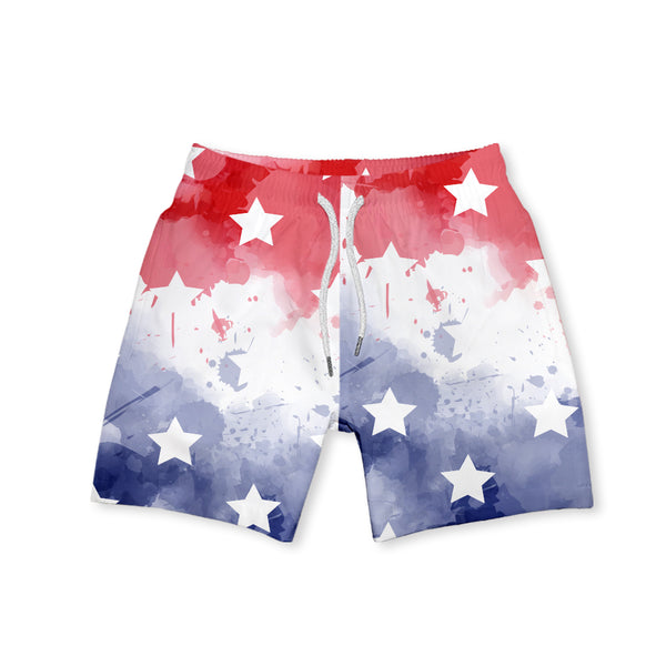 Dusty Blue & Red Painted Stars Swim Trunks