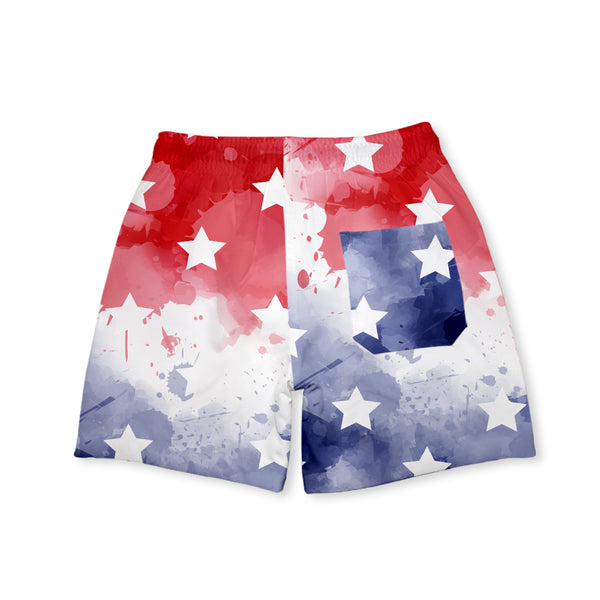 Dusty Blue & Red Painted Stars Swim Trunks