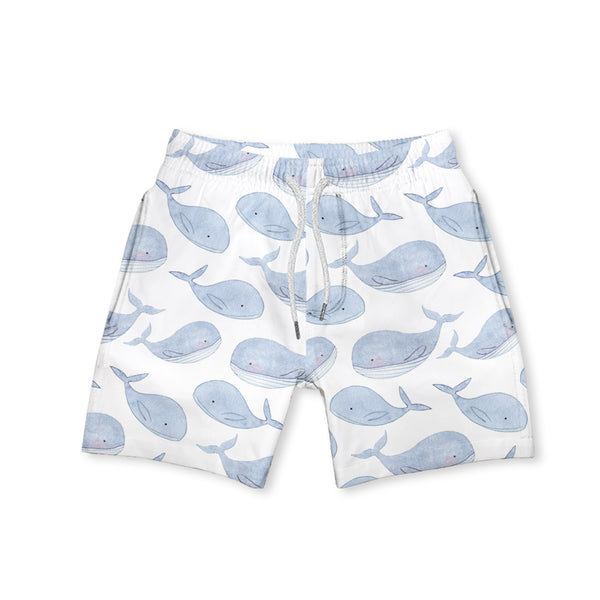 White & Periwinkle Whale Swim Trunks