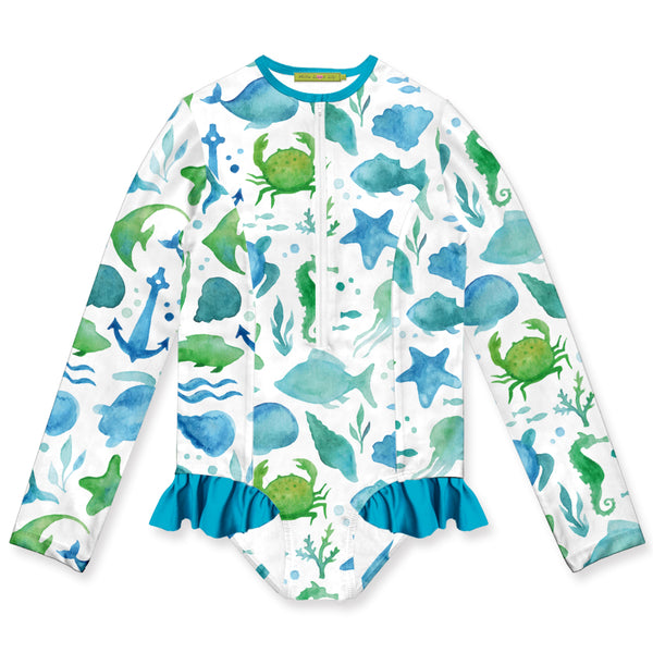 White Water Color Sea Ruffle-Accent Zip Front 1-pc