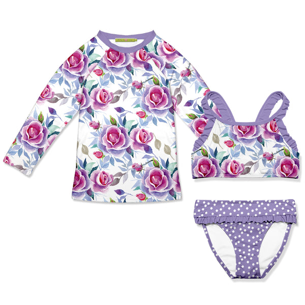 Purple Rosalia Rose Ruffle Bikini & Rashguard Set