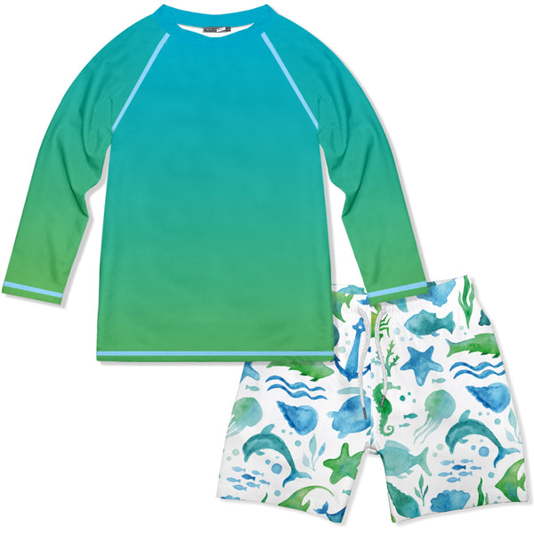 Turquoise Water Color Sea Long-Sleeve Rashguard Set