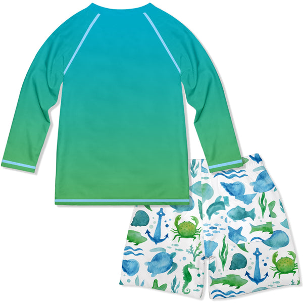 Turquoise Water Color Sea Long-Sleeve Rashguard Set