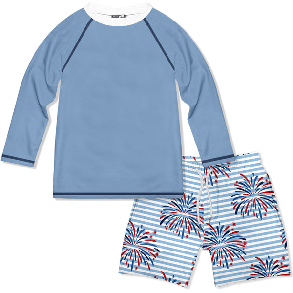 Light Blue Fireworks USA Long-Sleeve Rashguard Set