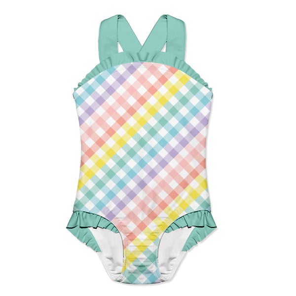 Mint Paradise Check Ruffle-Accent Strap One-Piece