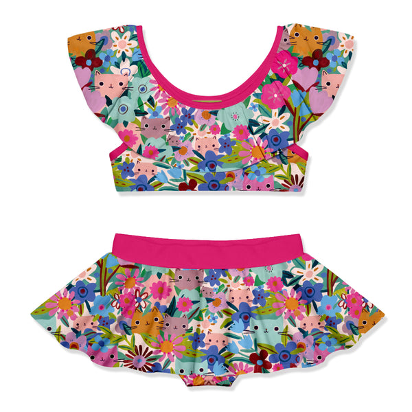 Mint Kitten Floral Ruffle-Neck Skirted 2-pc