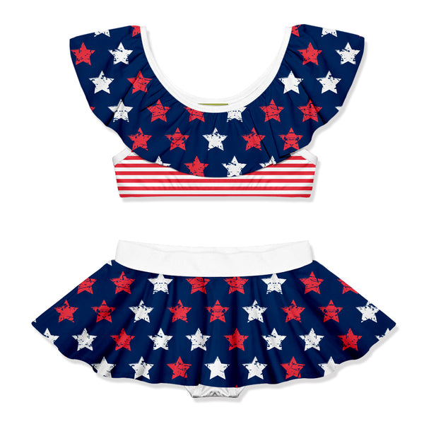 Navy & Red USA Star Ruffle-Neck Skirted Bikini