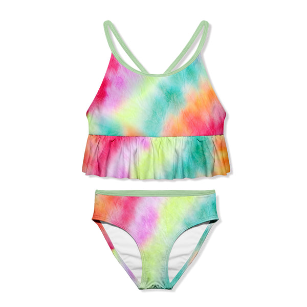Pink and Lime Summer Tie-Dye Ruffle Trim Bikini set