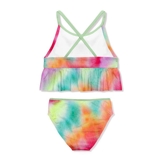 Pink and Lime Summer Tie-Dye Ruffle Trim Bikini set
