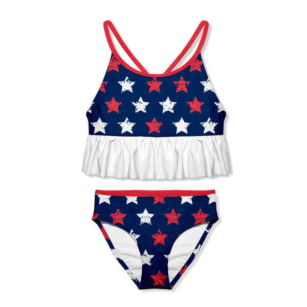 Navy & Red USA Star Ruffle-Trim Tankini