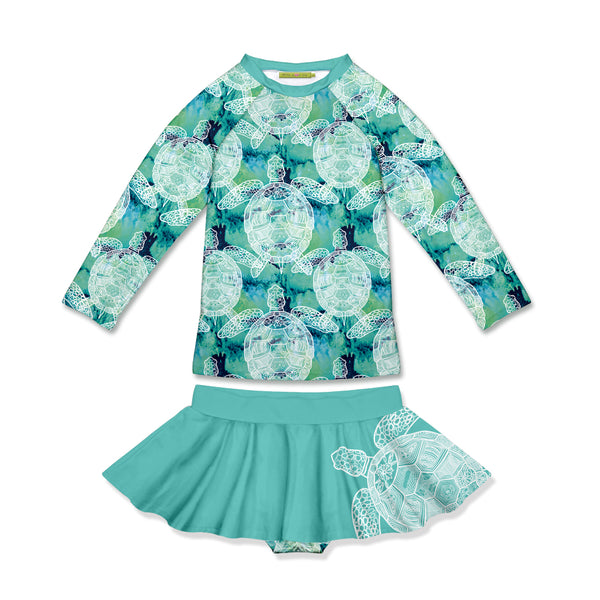 Turquoise Tie-Dye Turtle Long-Sleeve Skirted Rashguard Set