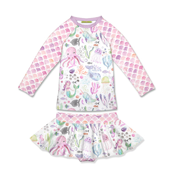 White & Lilac Octopus Sea Long-Sleeve Skirted Rashguard Set