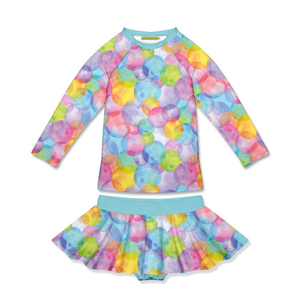 Aqua Bubbles Long-Sleeve Skirted Rashguard Set