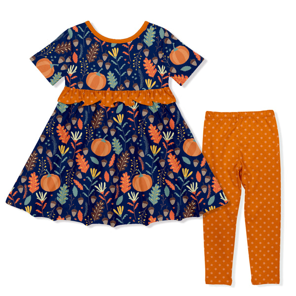 Little Millie | Navy Pumpkin Leaves A-Line Dress & Orange Polka Dot Leggings
