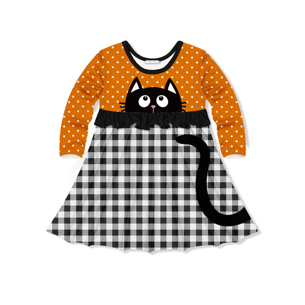 Little Millie | Orange & Black Gingham Cat A-Line Dress