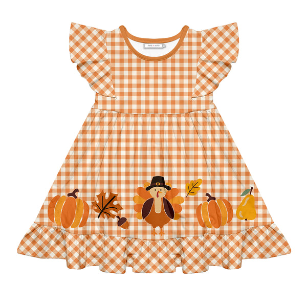 Little Millie | Orange Gingham Turkey Parade Angel-Sleeve Dress