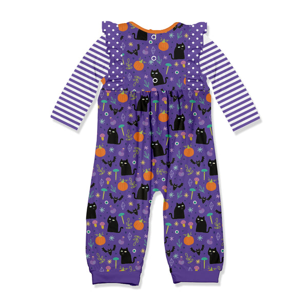 Little Millie | Purple Cats & Jack-O'-Lanterns Purple Stripe Playsuit